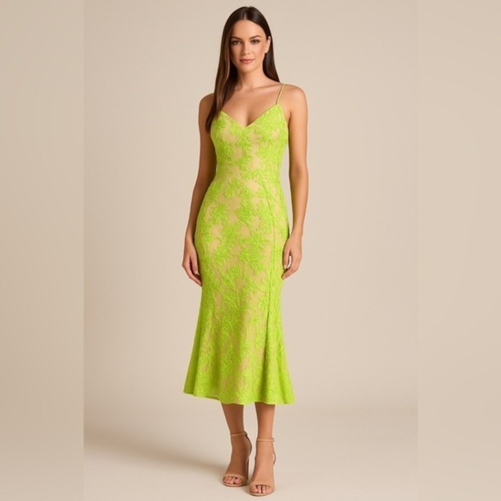 NBD Revolve Goblin Green Lace Mesh Maxi Gown Open‎ Back XS NWT